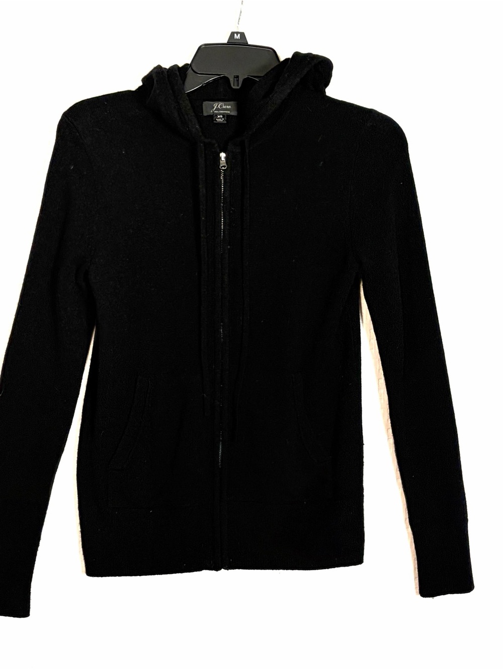 J Crew Sweater Womens XS Black Cashmere Full Zip Hooded Cardigan Knit Pockets